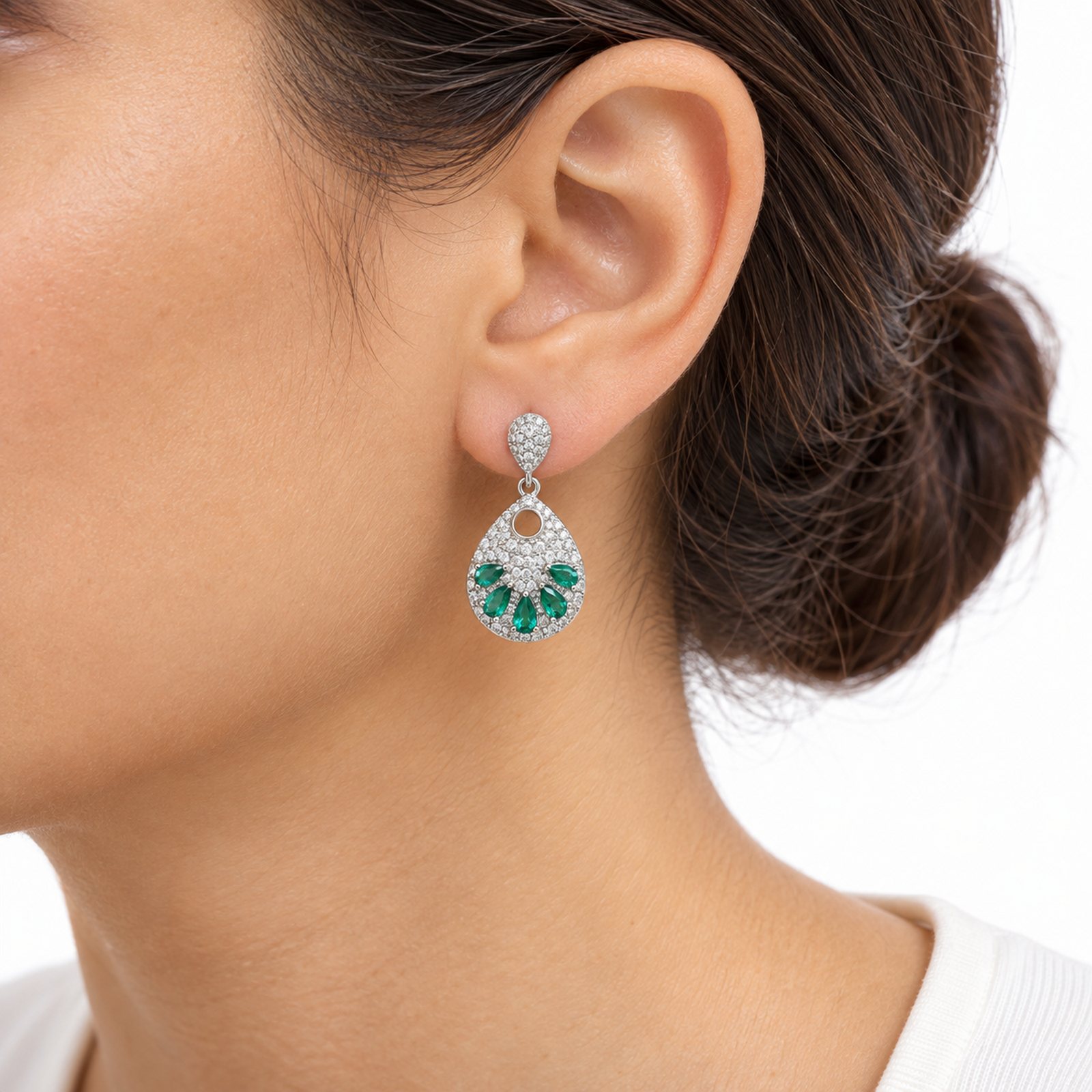 Silver Green Pear Earrings, worn