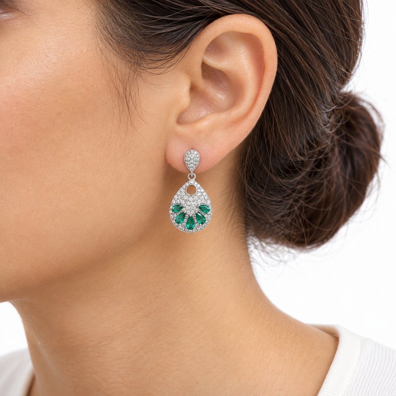 Silver Green Pear Earrings, worn