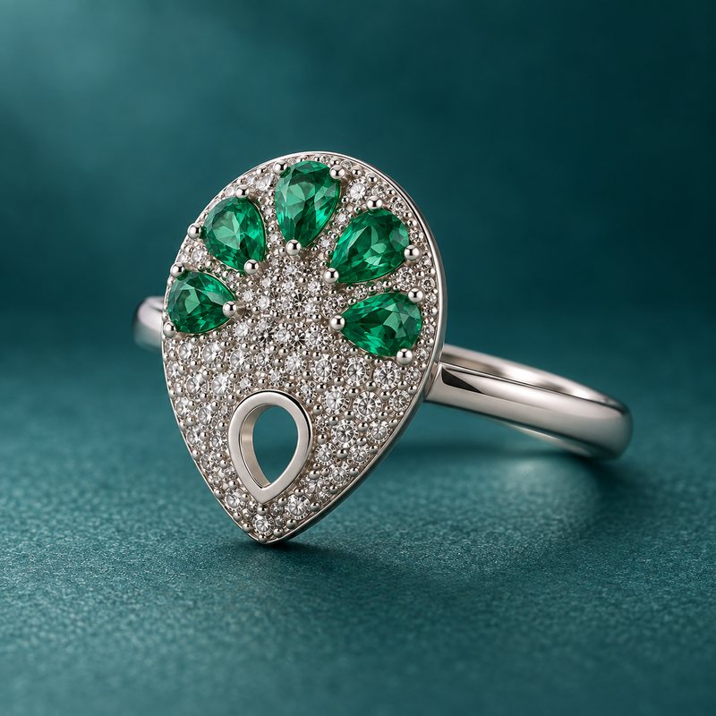 Green Pear Pavé Teardrop Ring, upright on teal